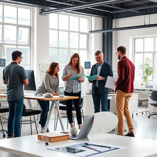 Een team van ontwerpers en ontwikkelaars in gesprek bij Innovatie Ontwerp Studio